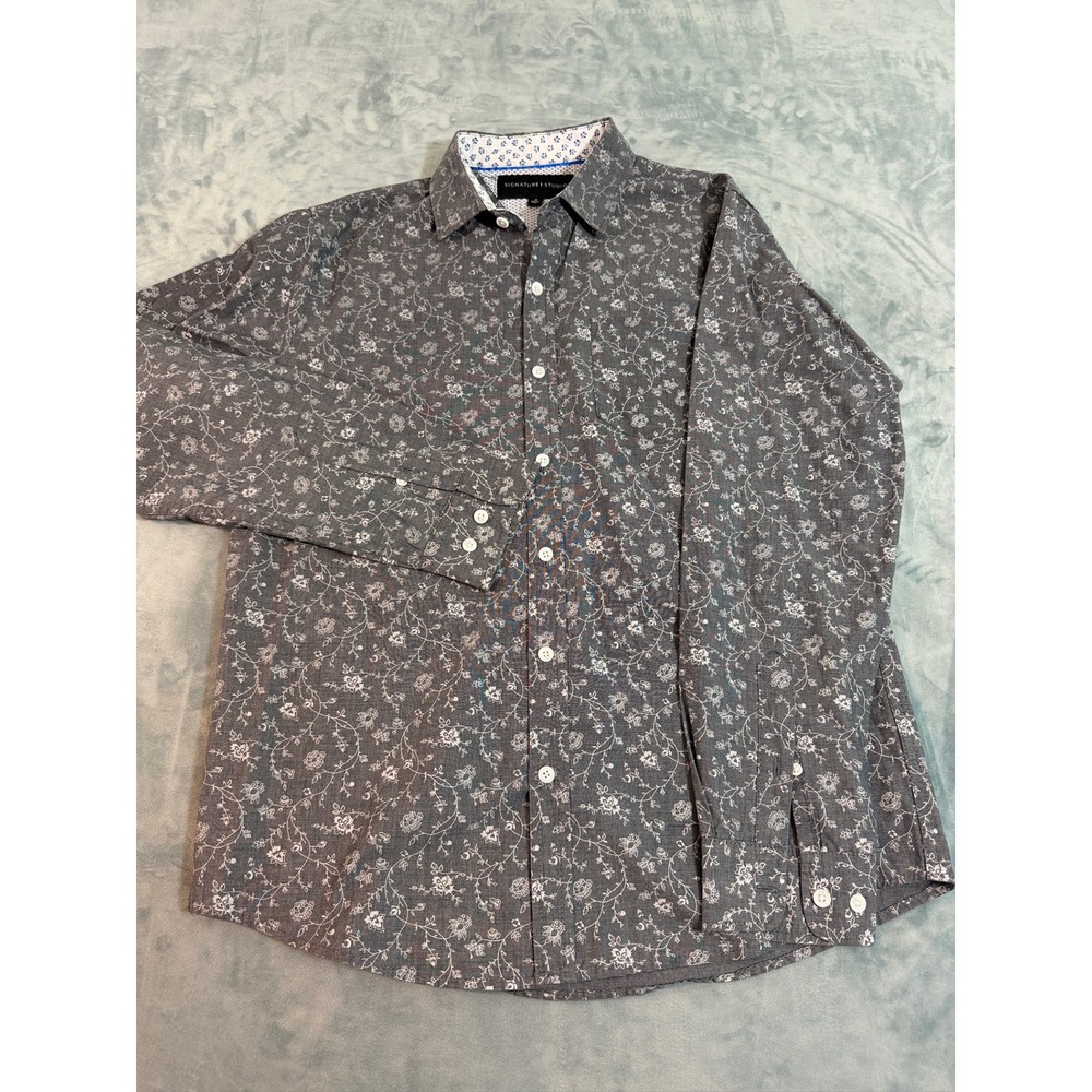 Signature Studio Mens Gray Floral Long Sleeve Button Down Shirt Size M